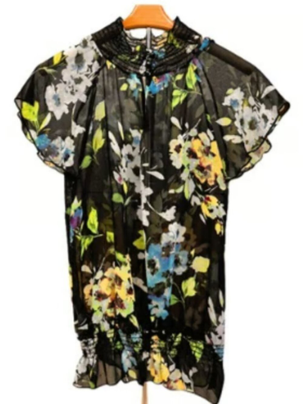 Love Siren NEW Chiffon Semi Sheer Short Sleeve Floral Blouse Smocked Top MED